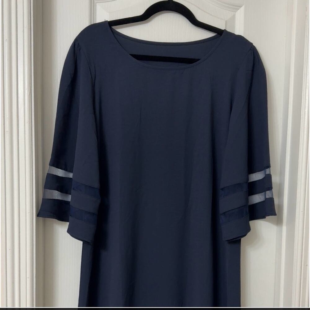 Women Casual Crewneck Mesh Panel 3/4 Bell Sleeve Loose Tunic Dress Size XL - Picture 3 of 5